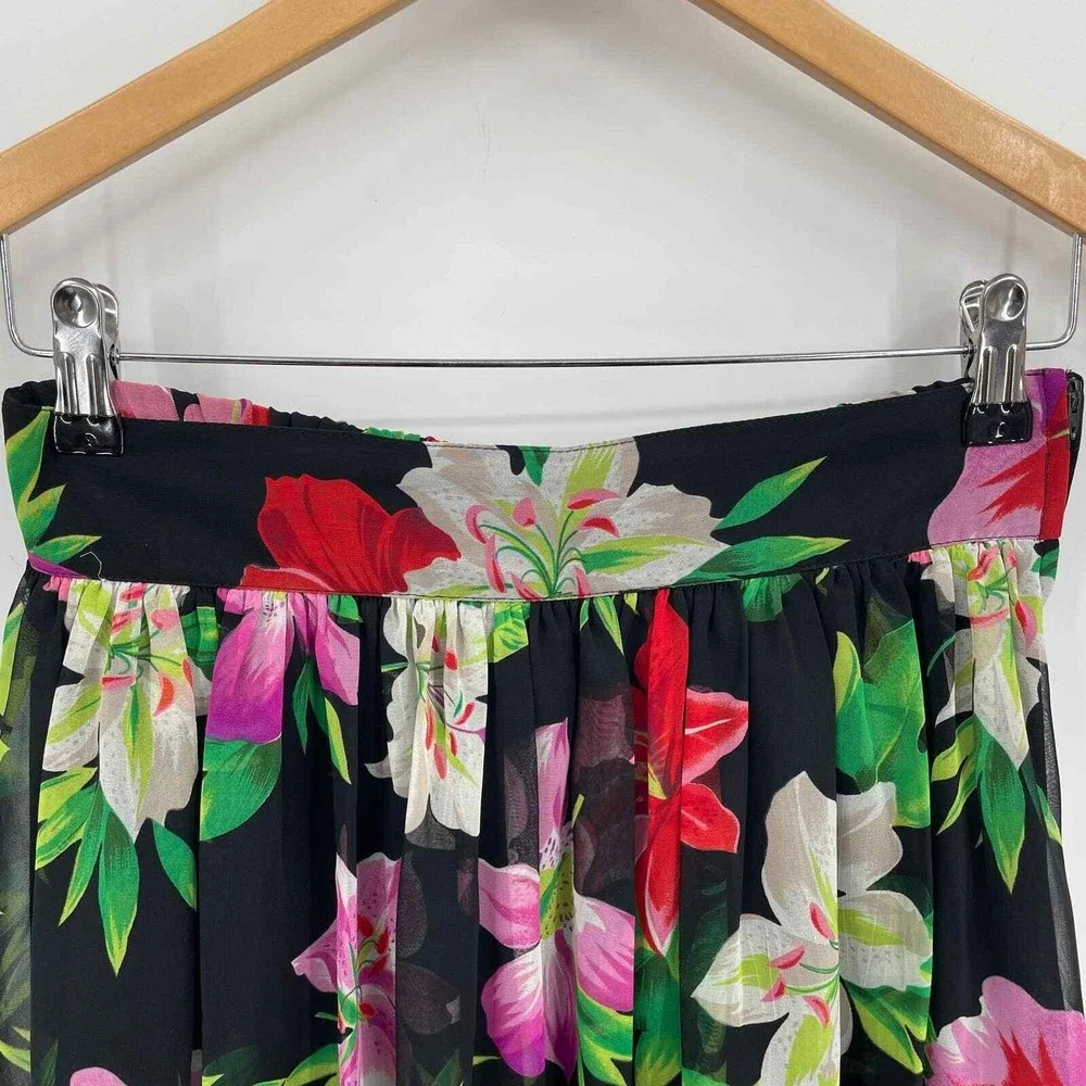 Vintage Gianni Petite Midi Skirt Women Medium‎ Black Floral Elastic Waist